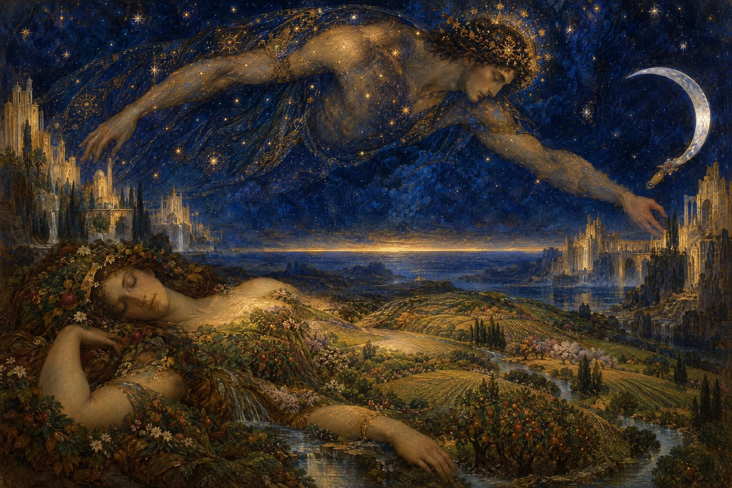 Sky and Earth, a painting after the manner of Gustave Moreau