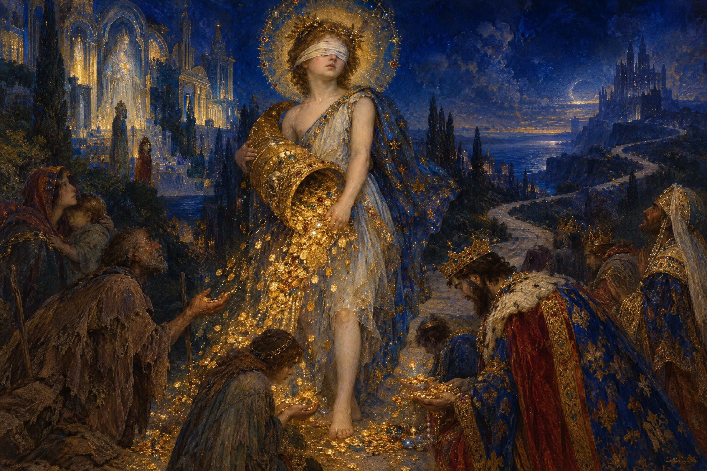 The Blind God of Wealth, a painting after the manner of Gustave Moreau