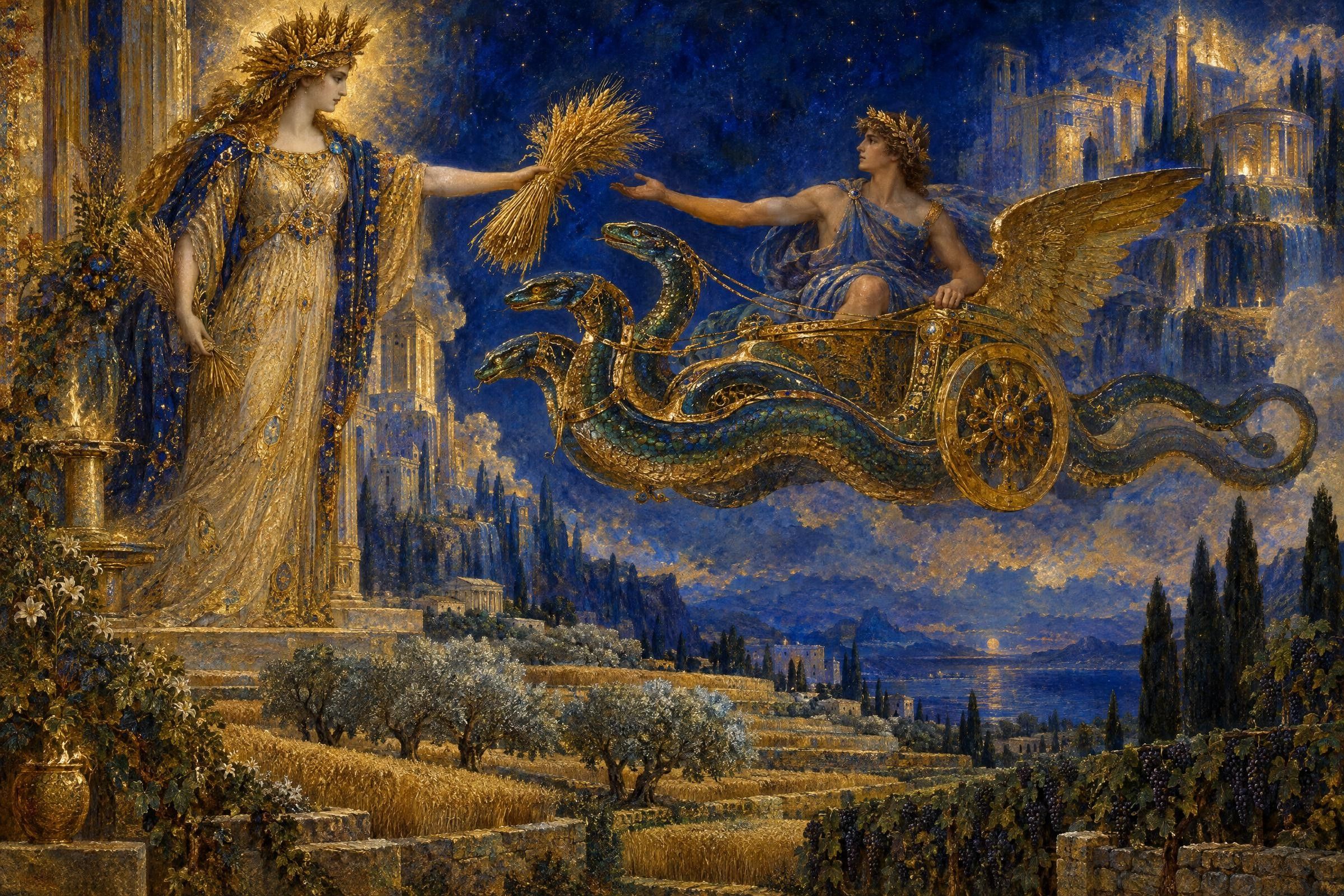 The Gift of Grain, a painting after the manner of Gustave Moreau