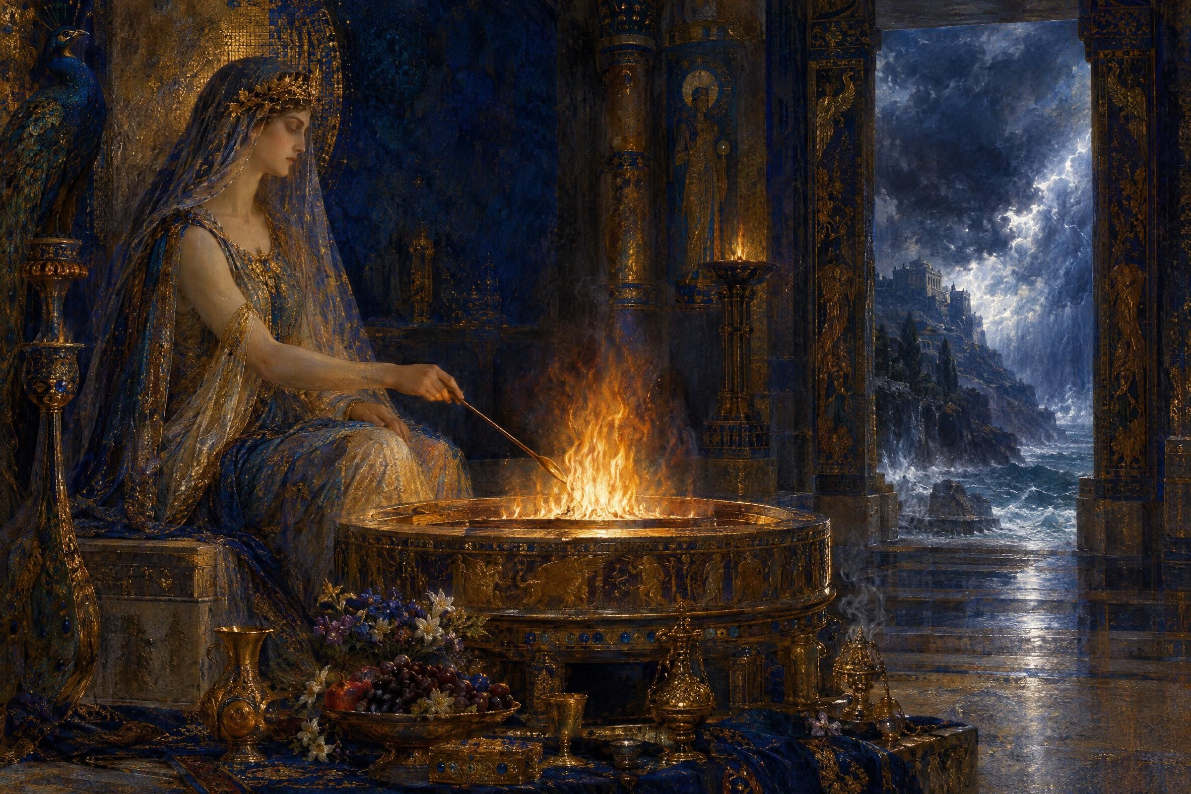 The Keeper of the Hearth, a painting after the manner of Gustave Moreau