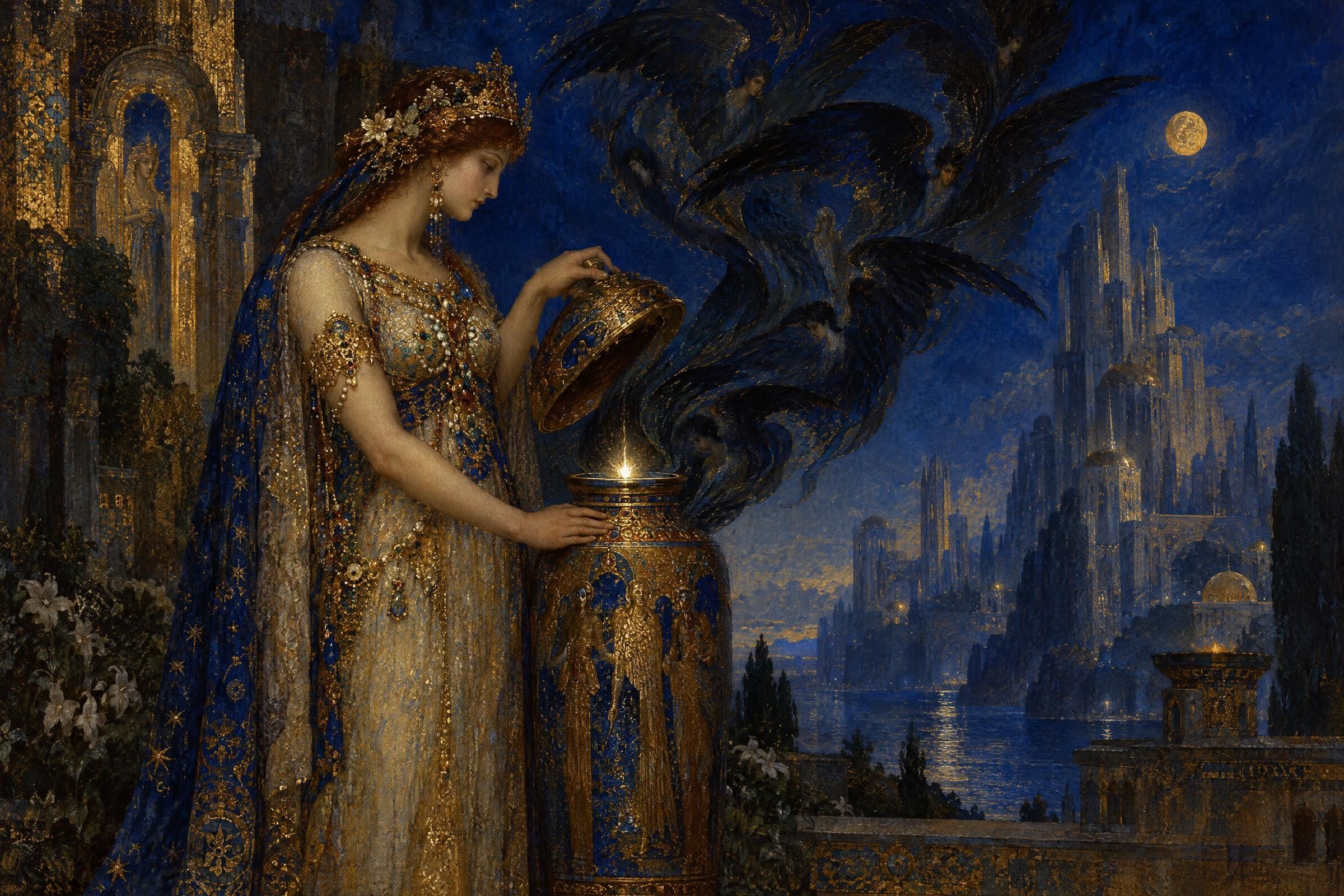 Pandora's Jar, a painting after the manner of Gustave Moreau