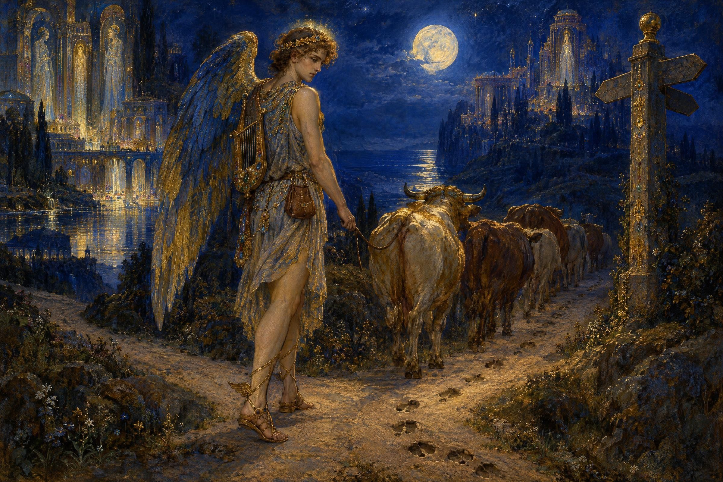 Hermes at the Crossroads, a painting after the manner of Gustave Moreau